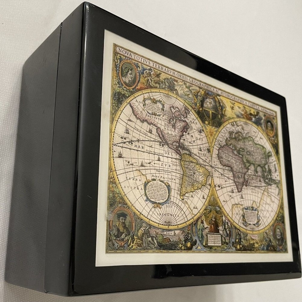 Black Lacquered Box with Nautical Old World Map - Engravable